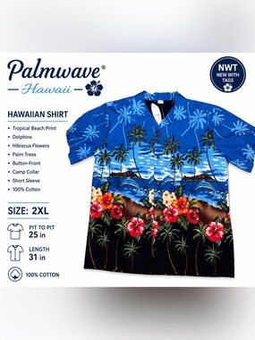 Palmwave Hawaii Hawaiian Shirt 2XL Tropical Beach Dolphins Hibiscus NWT Cotton